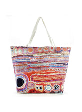A canvas tote bag produced by Better World Arts and based on artwork by Murdie Nampijinpa Morris.