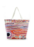 A canvas tote bag produced by Better World Arts and based on artwork by Murdie Nampijinpa Morris.