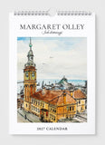 2027 calendar by Margaret Olley with a watercolor painting of a clock tower on a white background