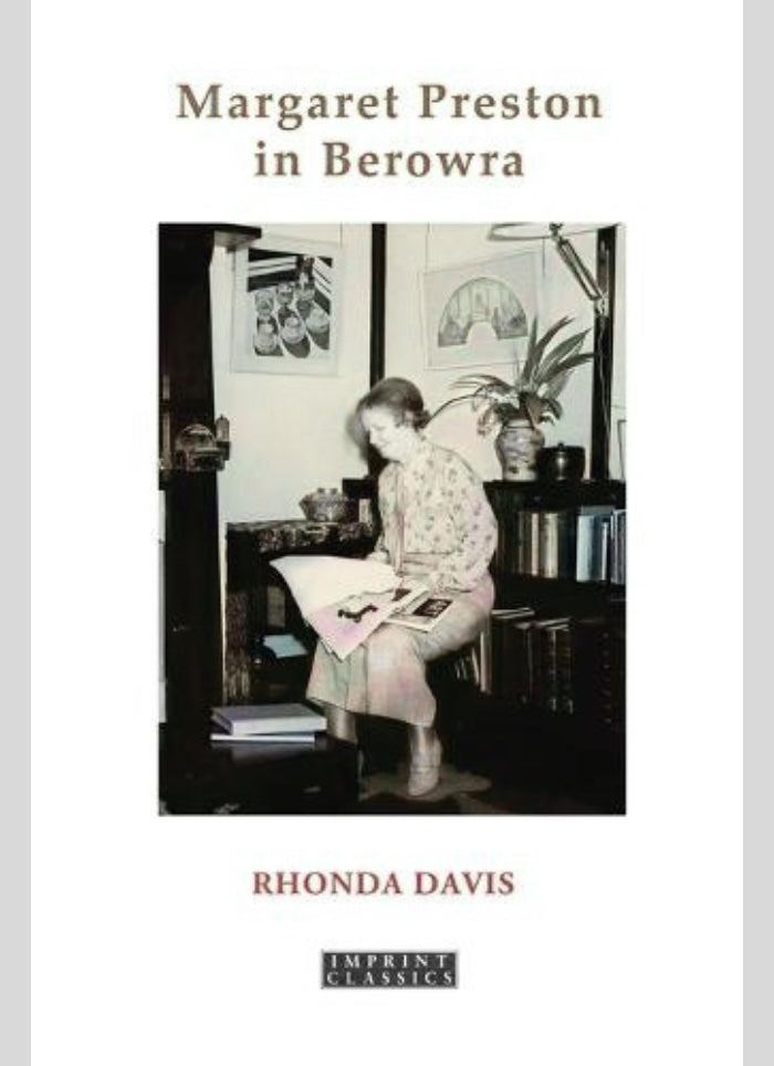 Book cover of 'Margaret Preston in Berowra' by Rhonda Davis with a black and white photo of a woman sitting.