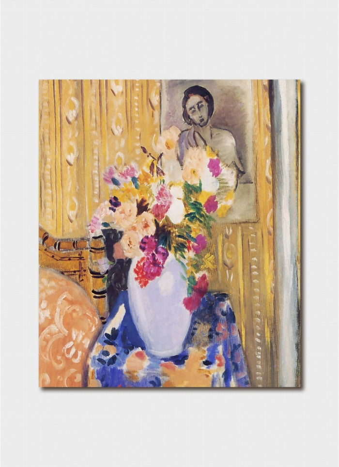 Artistic depiction of a woman with flowers in a room with yellow curtains.