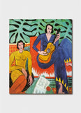 Colorful painting of two women with a guitar against a leafy green background