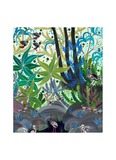 A square art print featuring a whimsical, stylized jungle scene with birds, tropical leaves, and abstract foliage in green, blue, black, gray, and pink tones, centered on a white background.