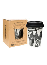 An insulated travel mug with a black lid stands next to its brown cardboard packaging box on a white background. The mug features a black and white abstract leaf-like pattern.