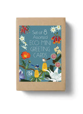 Set of 8 assorted eco mini greeting cards with a cardboard box on a white background