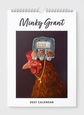 2027 calendar with a rooster carrying an egg carton on its head, branded 'Minky Grant'.