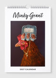 2027 calendar with a rooster carrying an egg carton on its head, branded 'Minky Grant'.