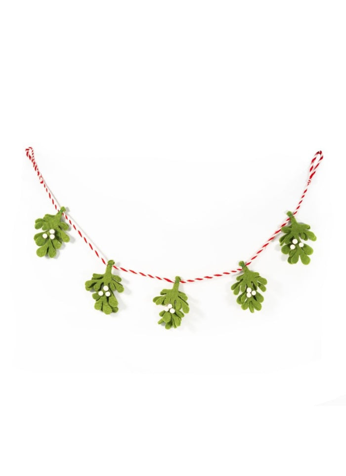 Green felt mistletoe hanging on a string