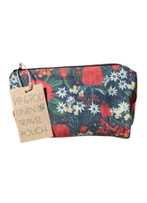 Floral patterned travel pouch with a tag on a white background