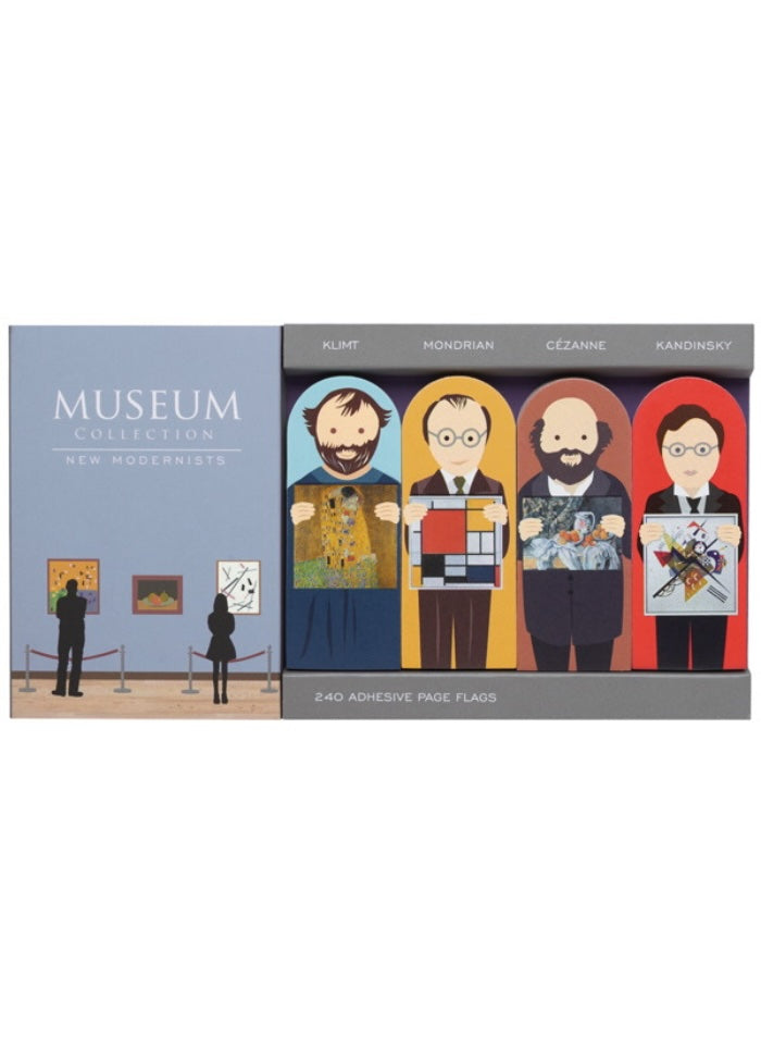 Museum Collection page flags with illustrated figures and artwork on a white background