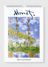 2027 calendar with a painting of trees and sky by Monet on a white background