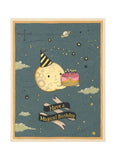 Card with a moon character celebrating a birthday, surrounded by stars and clouds.