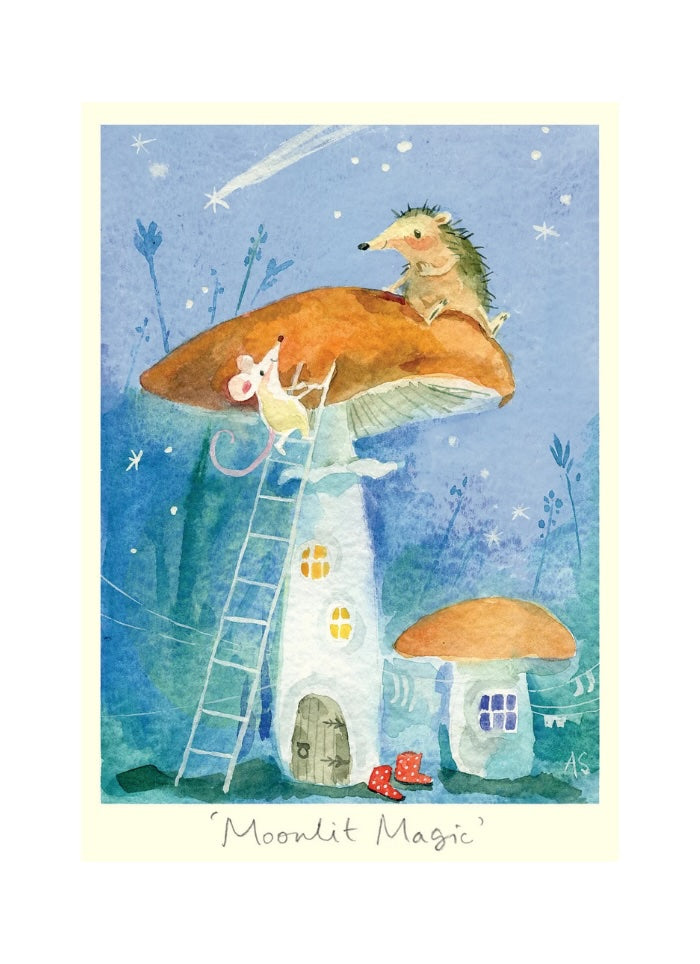 Illustration of a hedgehog on a mushroom-shaped house with a mouse, set against a starry night sky.