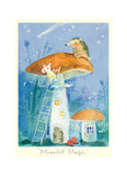 Illustration of a hedgehog on a mushroom-shaped house with a mouse, set against a starry night sky.