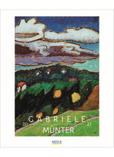 Artistic depiction of a landscape with trees and people, featuring the name Gabriele Munter on a white background.