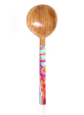 Wooden spoon with a colorful handle on a white background