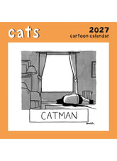 Calendar cover with cartoon of a cat lying on a couch labeled 'Catman' and text 'cats cartoon calendar 2027'.