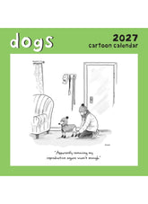 Front of the New Yorker Dogs calendar with a cartoon of a person and a dog.