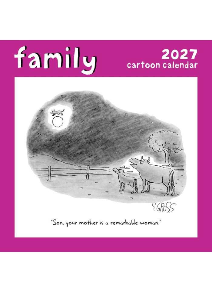 2027 Family cartoon calendar with a black and white illustration and purple border.
