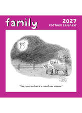 2027 Family cartoon calendar with a black and white illustration and purple border.