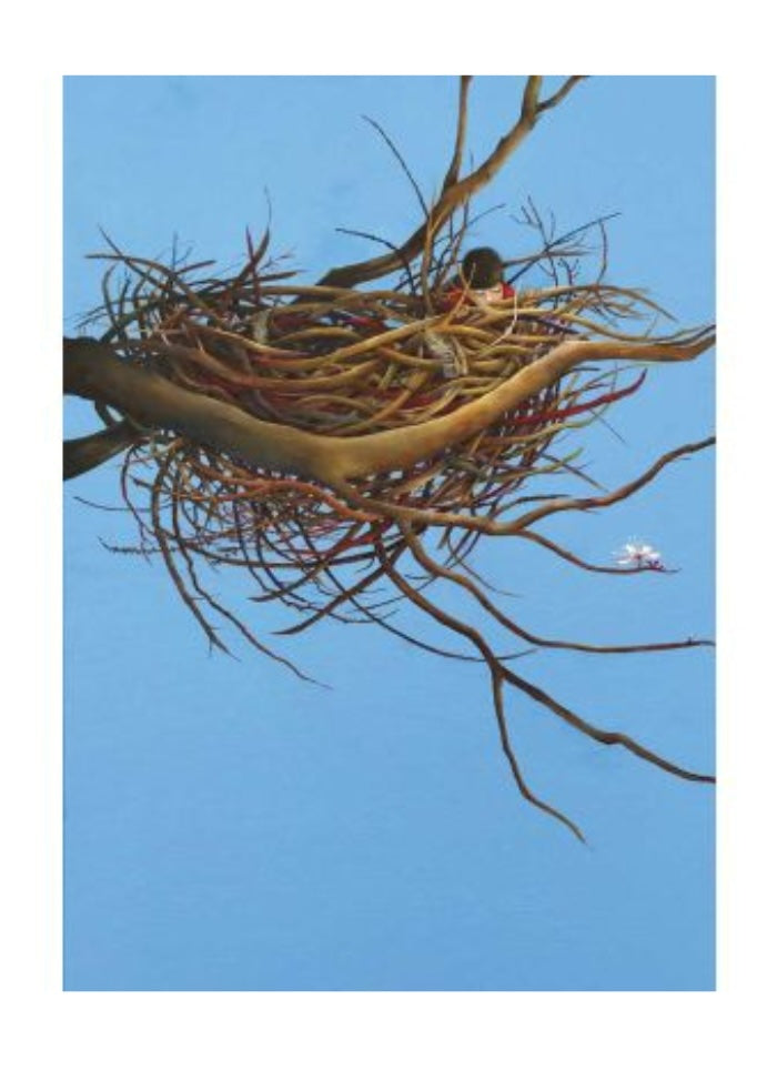 A blue card with a nest holding a child and a flower by Annie white