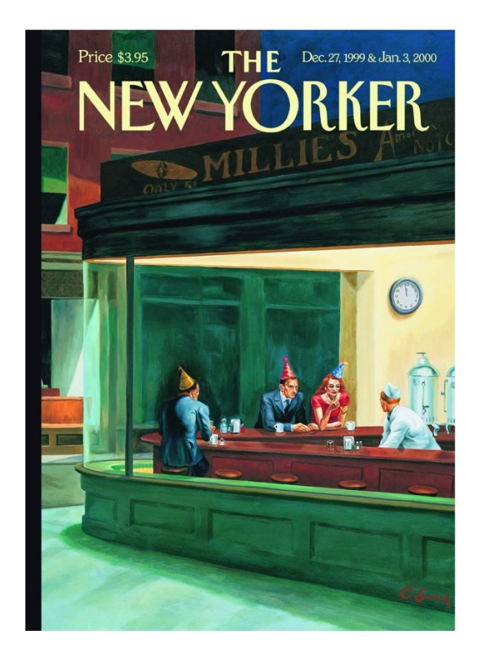 Artowrk of people at a bar with party hats on
