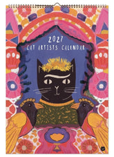 Calendar cover with a black cat with birds and a colourful surround