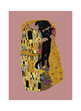 Pink card with a woman in gold kissing a black cat