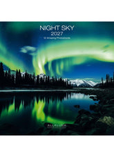 Calendar cover with Northern Lights over a lake and mountains, featuring the brand 'Allaluna'.