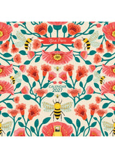 Floral patterned calendar with bees and the brand name 'Tina Pace' on a white background.