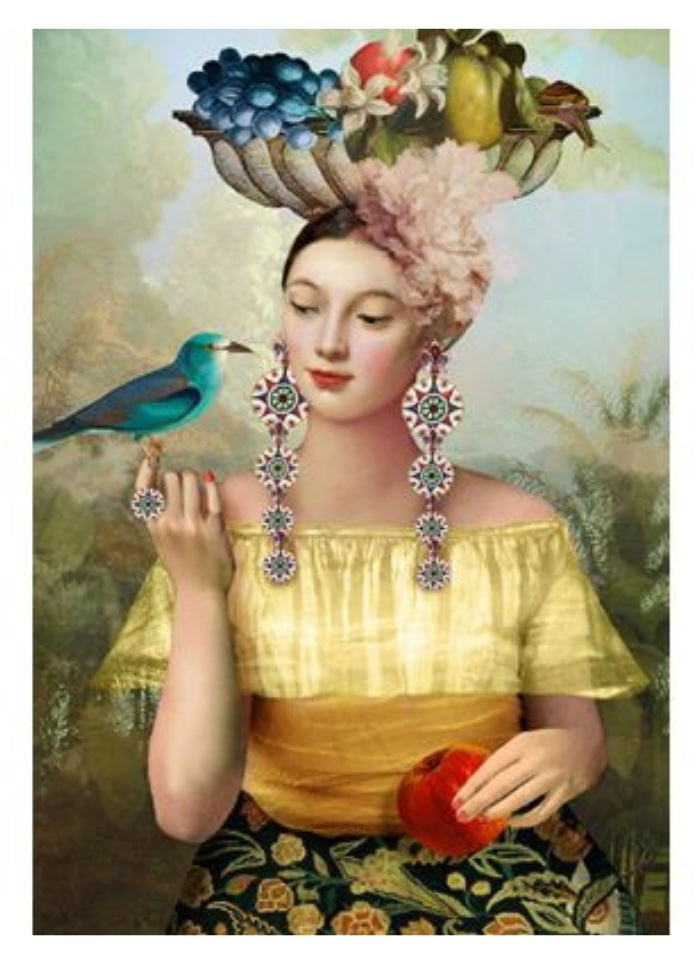 Lady in a yellow top holding a blue bird and a red apple. She has fruit on her head and long earrings.