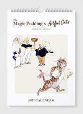 Calendar cover with illustrations of a cat, penguin, and other animals, featuring the text 'The Magic Pudding & Artful Cats' by Norma Lindsay.