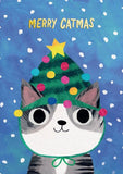 Blue card with a white and grey cat with a Christmas tree hat on.