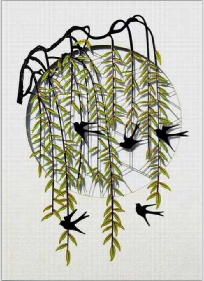 Large laser cut card with a drooping willow tree and black swallows - Ge Feng.