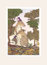 Pademelon mother and baby in the bush with trees and ground cover.