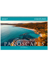 Front page of calendar with photo of a coastline with blue water and scrub.