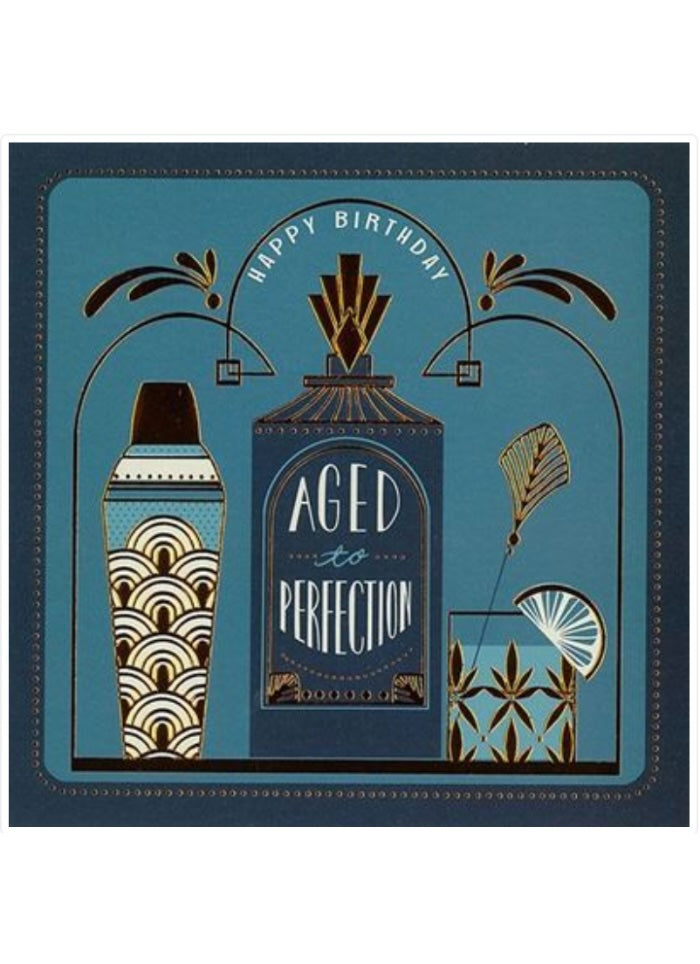 Greeting card with birthday design featuring a bottle and text on a blue background