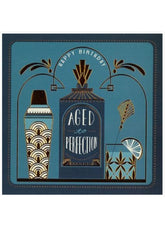 Greeting card with birthday design featuring a bottle and text on a blue background
