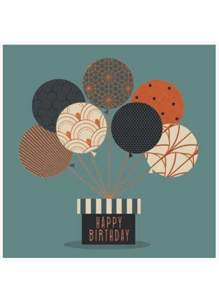 Illustration of balloons with a 'Happy Birthday' box on a teal background