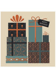 Decorative birthday card with patterned gift boxes and a 'Happy Birthday' tag.