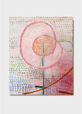 An abstract painting in pinks with dots in lots of colours loosely resembling a flower