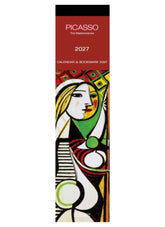 Pablo Picasso-themed 2027 calendar and bookmark with abstract art design on a red background.