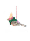 Decorative bird ornament with a colorful scarf on a white background