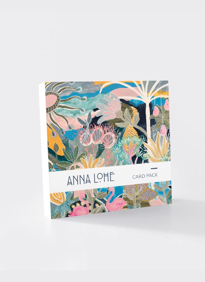 Card pack with words Anna Lohe Card Pack and a bright abstract image in pinks and blues.