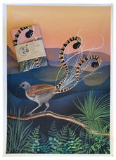 Artistic depiction of a bird with long feathers and a box labeled 'Cotton Tea Towel' on a scenic background.