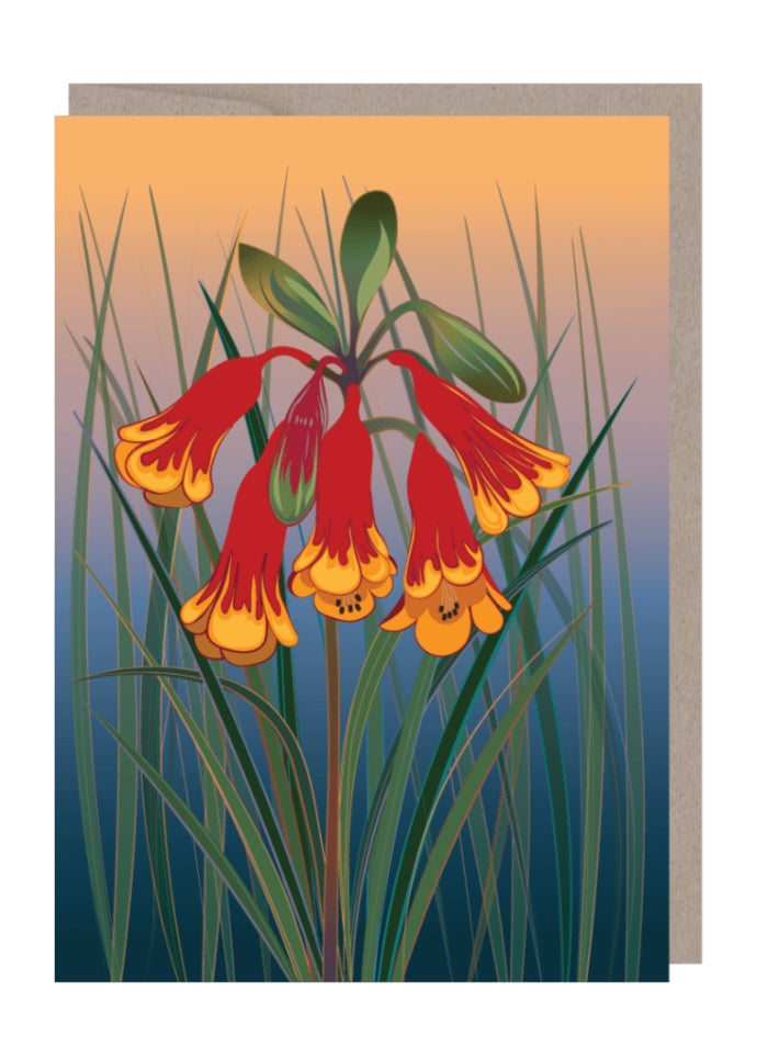 Greeting card with red and yellow flowers on a gradient background