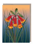 Greeting card with red and yellow flowers on a gradient background