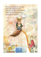 Illustration of a mouse on a broomstick with a fairy and lion, featuring a quote by William Gladstone.
