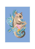 A cute possum in eucalyptus bush with flowers on a blue background.