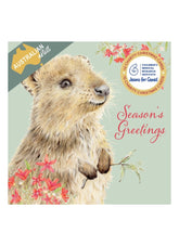 Christmas card with a beaver illustration and 'Season's Greetings' text on a light green background.